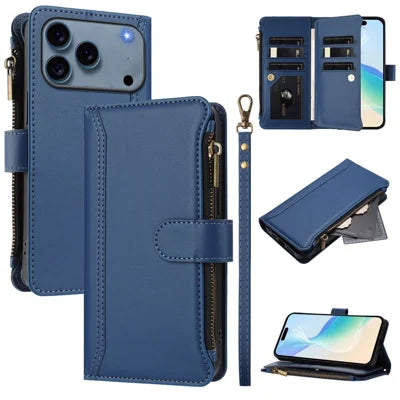 For iPhone 18 Pro Max / 17 Pro Max Leather Case 9 Card Slots Zipper Wallet Stand Phone Cover with Wrist Strap - Dark Blue