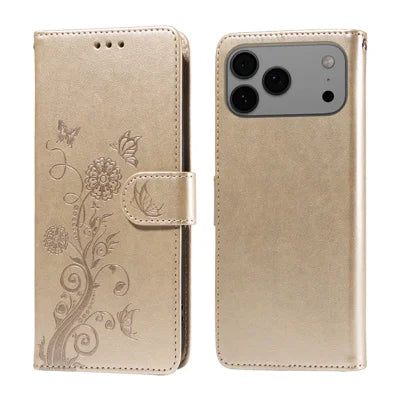 For iPhone 18 Pro Max / 17 Pro Max Leather Case Butterfly Floral Imprint Wallet Stand Cover - Golden