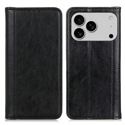 For iPhone 18 Pro Max / 17 Pro Max Stand Case Split Leather Litchi Texture Wallet Phone Cover - Black