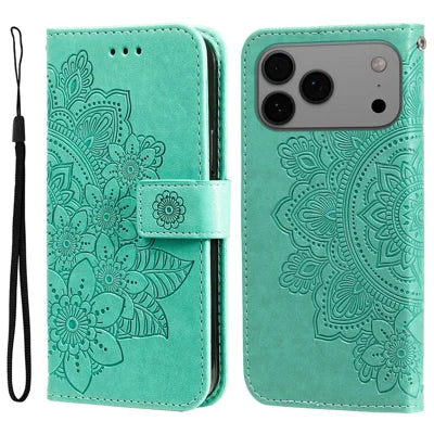 For iPhone 18 Pro Max / 17 Pro Max Case Floral Pattern PU Leather Wallet Stand Phone Cover - Green