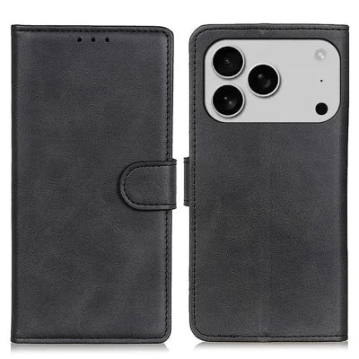 For iPhone 18 Pro Max / 17 Pro Max Case Cowhide Texture Leather Wallet Stand Phone Cover - Black