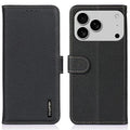 KHAZNEH For iPhone 18 Pro Max / 17 Pro Max Case Litchi Texture Genuine Cow Leather Flip Phone Cover - Black