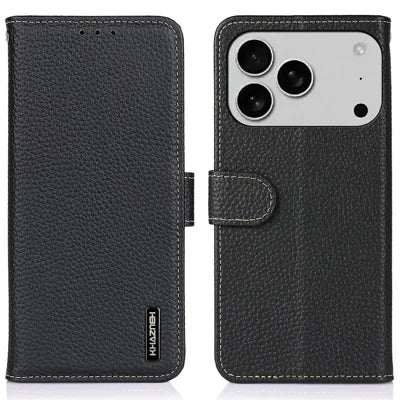 KHAZNEH For iPhone 18 Pro Max / 17 Pro Max Case Litchi Texture Genuine Cow Leather Flip Phone Cover - Black