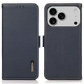 KHAZNEH for iPhone 18 Pro Max / 17 Pro Max Phone Case RFID Blocking Wallet Litchi Texture Genuine Cow Leather Cover - Blue