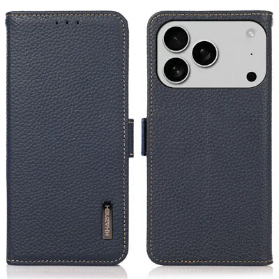 KHAZNEH for iPhone 18 Pro Max / 17 Pro Max Phone Case RFID Blocking Wallet Litchi Texture Genuine Cow Leather Cover - Blue