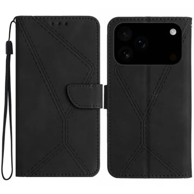 For iPhone 18 Pro Max / 17 Pro Max Case Skin Touch Lines Imprinted PU Leather Flip Phone Cover - Black