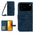For iPhone 18 Pro Max / 17 Pro Max Case Sunflower Imprint PU Leather Phone Cover with Long Strap - Dark Blue