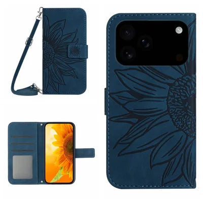 For iPhone 18 Pro Max / 17 Pro Max Case Sunflower Imprint PU Leather Phone Cover with Long Strap - Dark Blue