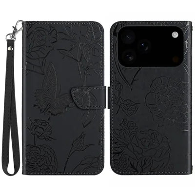 For iPhone 18 Pro Max / 17 Pro Max Case Butterfly Flower Imprinted Leather Phone Cover with Strap - Black