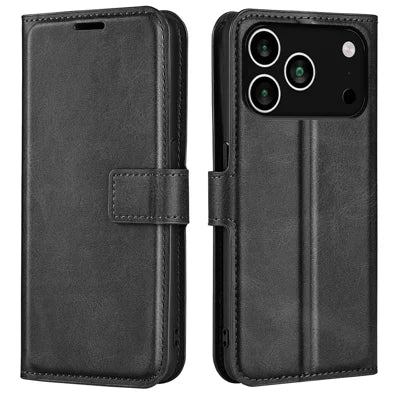 For iPhone 18 Pro Max / 17 Pro Max Stand Case Anti-Scratch Calf Texture Leather Phone Cover - Black