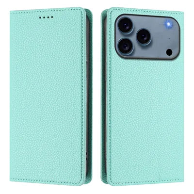 For iPhone 18 Pro Max / 17 Pro Max Wallet Case RFID Blocking Litchi Texture Leather Mobile Cover - Mint Green