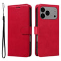 For iPhone 18 Pro Max / 17 Pro Max Leather Wallet Case with Strap Solid Color Phone Stand Cover - Red