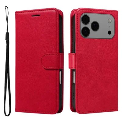 For iPhone 18 Pro Max / 17 Pro Max Leather Wallet Case with Strap Solid Color Phone Stand Cover - Red