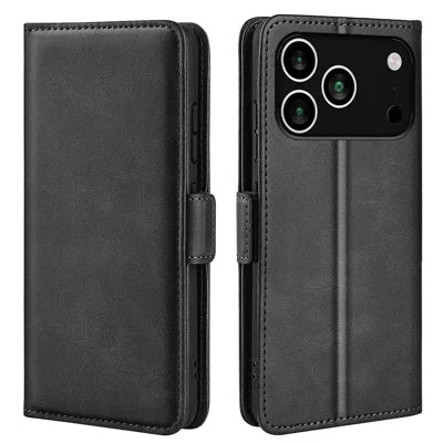 For iPhone 18 Pro Max / 17 Pro Max Case Calf Texture Leather Wallet Phone Cover - Black