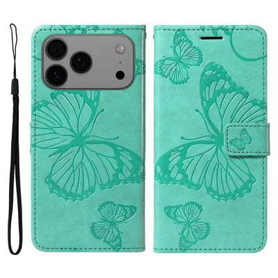 For iPhone 18 Pro Max / 17 Pro Max Wallet Case Floral Butterfly Imprinted Leather Phone Cover Stand -  Green