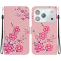 For iPhone 18 Pro Max / 17 Pro Max Wallet Phone Case Anti-Drop Leather Flip Cover Pattern Printing with Strap - Sakura