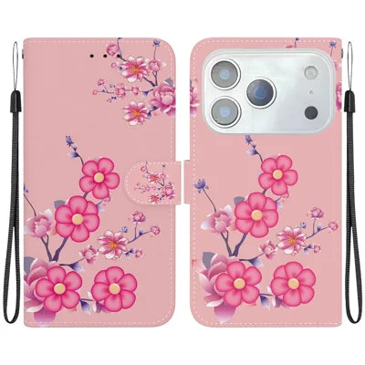 For iPhone 18 Pro Max / 17 Pro Max Wallet Phone Case Anti-Drop Leather Flip Cover Pattern Printing with Strap - Sakura