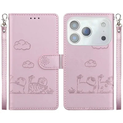 For iPhone 18 Pro Max / 17 Pro Max Case RFID Blocking Kitten Pattern TPU + PU Leather Phone Cover with Wrist Strap - Pink