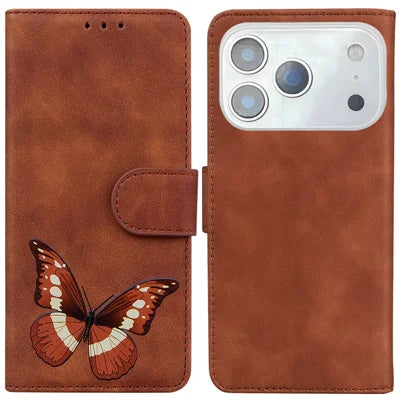 For iPhone 18 Pro Max / 17 Pro Max Stand Case PU Leather Phone Cover Butterfly Printed - Brown