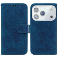 For iPhone 18 Pro Max / 17 Pro Max Case Butterfly Flower Imprint PU Leather Wallet Phone Cover with Strap - Blue