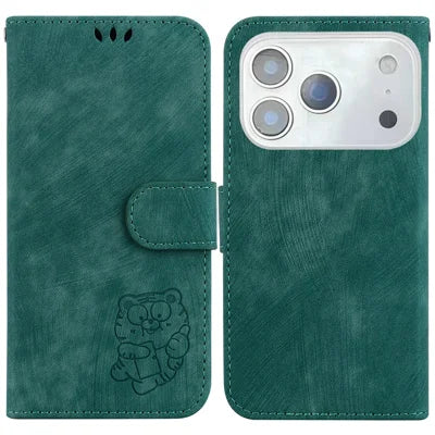 For iPhone 18 Pro Max / 17 Pro Max Wallet Case Tiger Imprint Leather Shockproof Phone Cover with Wrist Strap - Green