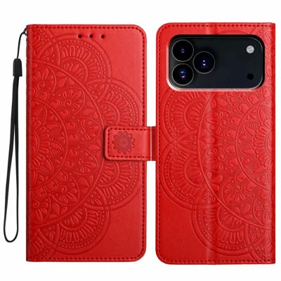 For iPhone 18 Pro Max / 17 Pro Max Leather Case with Card Slots Mandala Pattern Phone Cover Stand - Red
