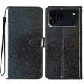 For iPhone 18 Pro Max / 17 Pro Max Wallet Case Glitter Anti-Scratch Leather Stand Phone Cover with Strap - Black