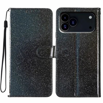 For iPhone 18 Pro Max / 17 Pro Max Wallet Case Glitter Anti-Scratch Leather Stand Phone Cover with Strap - Black