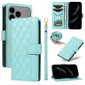 For iPhone 18 Pro Max / 17 Pro Max Wallet Case Rhombus Leather Phone Cover with Strap - Green
