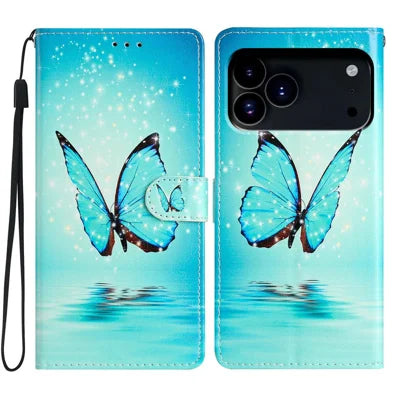 For iPhone 18 Pro Max / 17 Pro Max Wallet Case PU Leather Pattern Printing Stand Phone Cover with Strap - Blue Butterfly