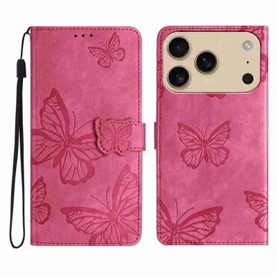 For iPhone 18 Pro Max / 17 Pro Max Case Butterfly Design Flip Wallet Leather Phone Cover Skin-Touch - Rose