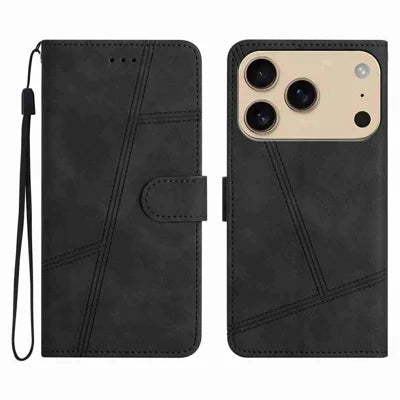For iPhone 18 Pro Max / 17 Pro Max Case Flip Leather Retro Phone Cover Lines Imprinted - Black