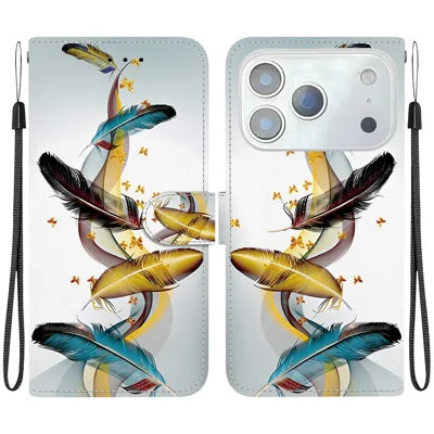 For iPhone 18 Pro Max / 17 Pro Max Case Pattern Printing Anti-Drop Leather Flip Wallet Phone Cover with Lanyard - Golden Butterfly Feather