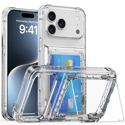 For iPhone 18 Pro Max / 17 Pro Max Clear Case PC + TPU Phone Cover Card Holder Kickstand - Transparent