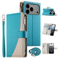 For iPhone 18 Pro Max / 17 Pro Max Case Zipper Wallet Color Splicing Leather Flip Phone Cover with Straps - Lake Blue