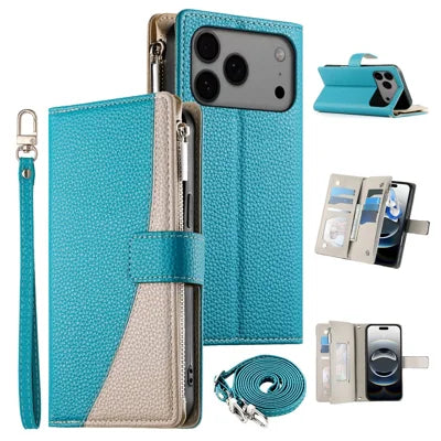 For iPhone 18 Pro Max / 17 Pro Max Case Zipper Wallet Color Splicing Leather Flip Phone Cover with Straps - Lake Blue