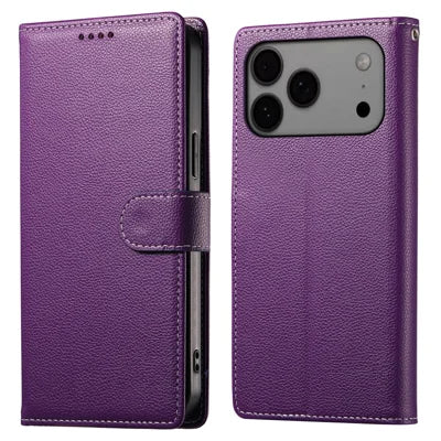 For iPhone 18 Pro Max / 17 Pro Max Case Magnetic Snap Litchi Texture Leather Wallet Phone Cover with Wrist Strap - Purple