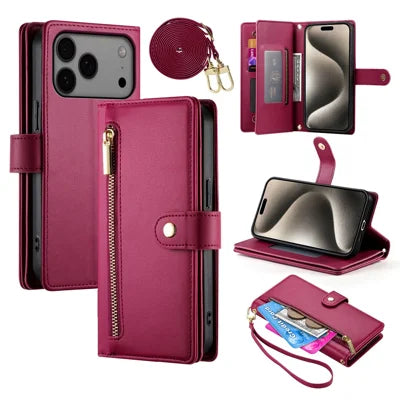 For iPhone 18 Pro Max / 17 Pro Max Case Zipper Pocket Wallet Leather Phone Cover with Straps - Red