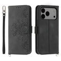 For iPhone 18 Pro Max / 17 Pro Max Case Flower Pattern PU Leather Wallet Phone Cover with Strap - Black