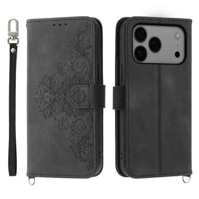 For iPhone 18 Pro Max / 17 Pro Max Case Flower Pattern PU Leather Wallet Phone Cover with Strap - Black