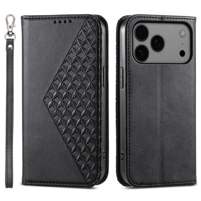 For iPhone 18 Pro Max / 17 Pro Max Case Calf Texture PU Leather Wallet Phone Cover with Wrist Strap - Black
