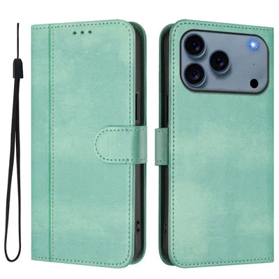 For iPhone 18 Pro Max / 17 Pro Max Cases Wallet Stand Retro Texture Leather Phone Cover with Lanyard - Mint Green