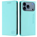 For iPhone 18 Pro Max / 17 Pro Max Leather Case RINACASIS RC01 Phone Cover with RFID Blocking Wallet Stand - Mint Green