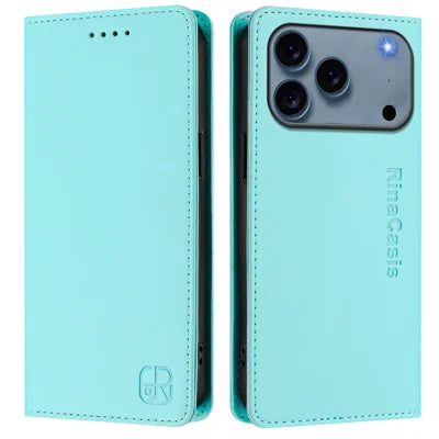 For iPhone 18 Pro Max / 17 Pro Max Leather Case RINACASIS RC01 Phone Cover with RFID Blocking Wallet Stand - Mint Green