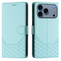 For iPhone 18 Pro Max / 17 Pro Max Case Imprinted Honeycomb RFID Blocking Leather Phone Cover with Strap - Mint Green