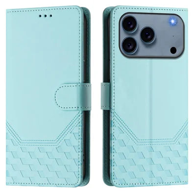 For iPhone 18 Pro Max / 17 Pro Max Case Imprinted Honeycomb RFID Blocking Leather Phone Cover with Strap - Mint Green