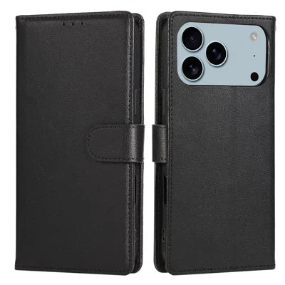 For iPhone 18 Pro Max / 17 Pro Max Case Wallet Stand View PU Leather Phone Cover with Wrist Strap - Black