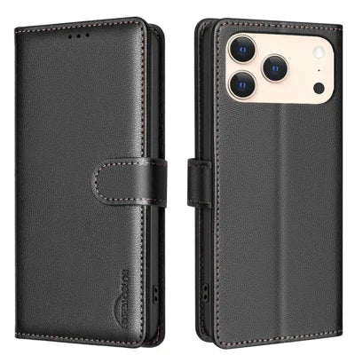 BINFEN COLOR For iPhone 18 Pro Max / 17 Pro Max Leather Case  BF32 Wallet RFID Blocking Phone Cover - Black