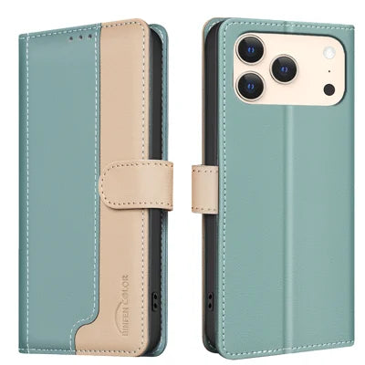 BINFEN COLOR For iPhone 18 Pro Max / 17 Pro Max Leather Case  Splicing Color RFID Blocking Wallet Stand Phone Cover - Green
