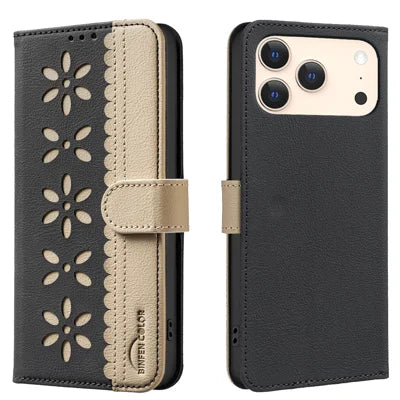 BINFEN COLOR For iPhone 18 Pro Max / 17 Pro Max Leather Case  BF36 Floral Pattern Phone Cover RFID Blocking Wallet Stand - Black